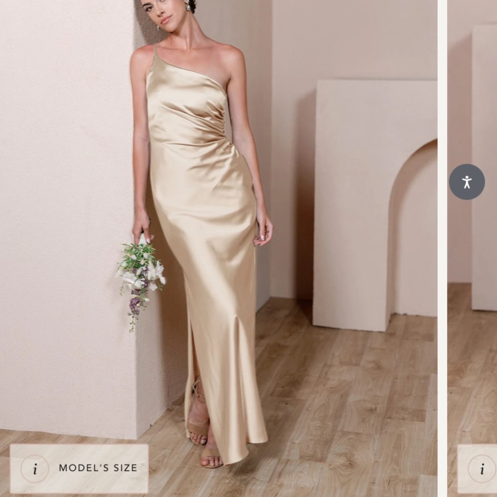 Revelry jade satin gold champagne bridesmaid dress